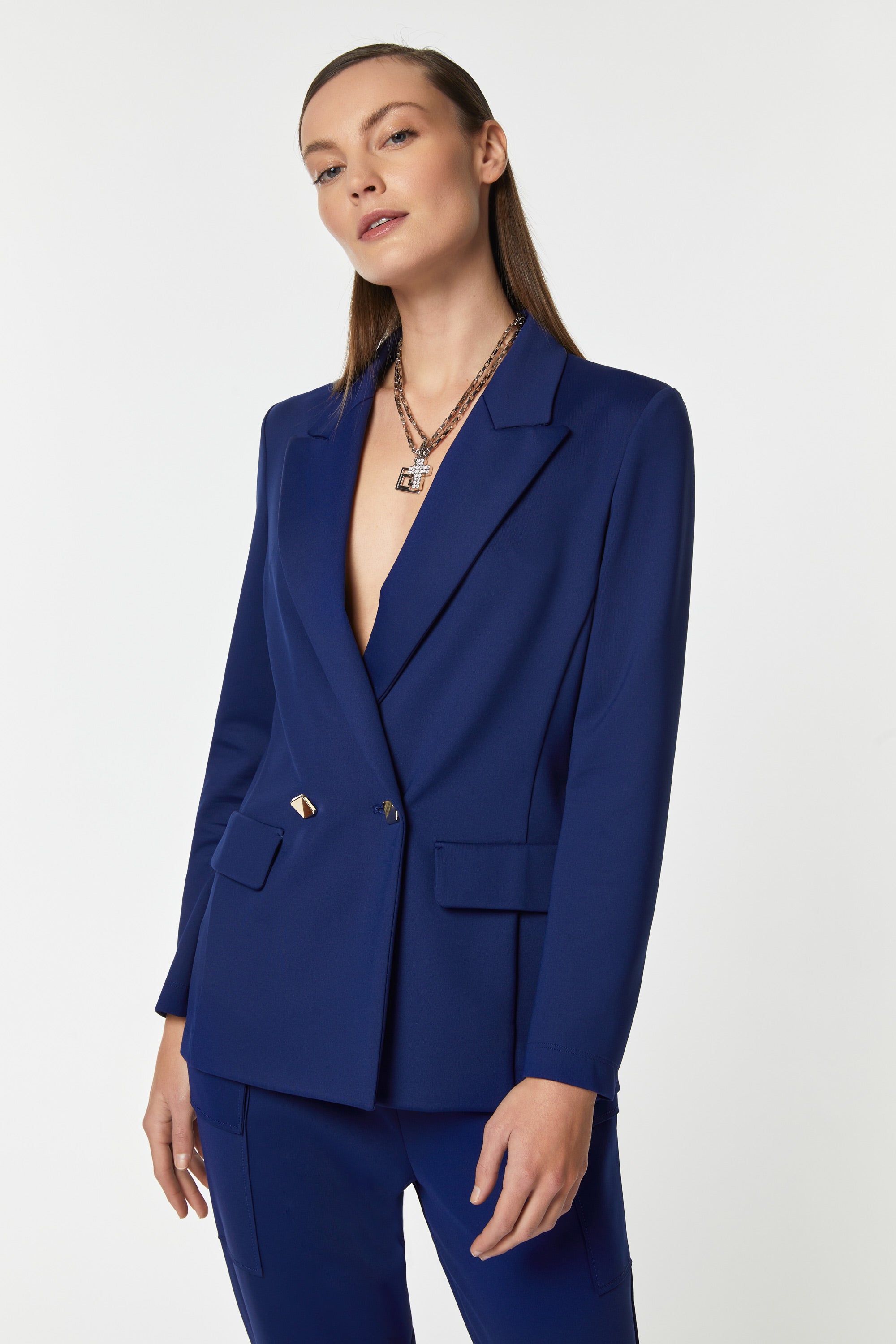 DOUBLE-BREASTED BLAZER IN STRETCHY TECHNICAL JERSEY WITH GOLD BUTTONS
