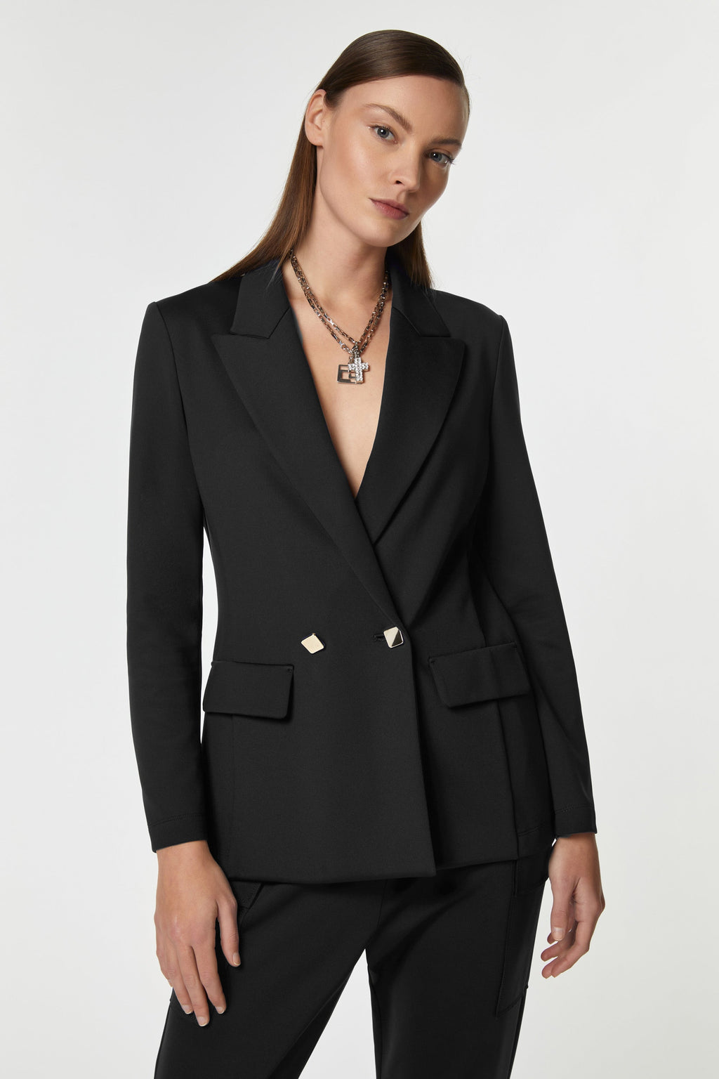 DOUBLE-BREASTED BLAZER IN STRETCHY TECHNICAL JERSEY WITH GOLD BUTTONS