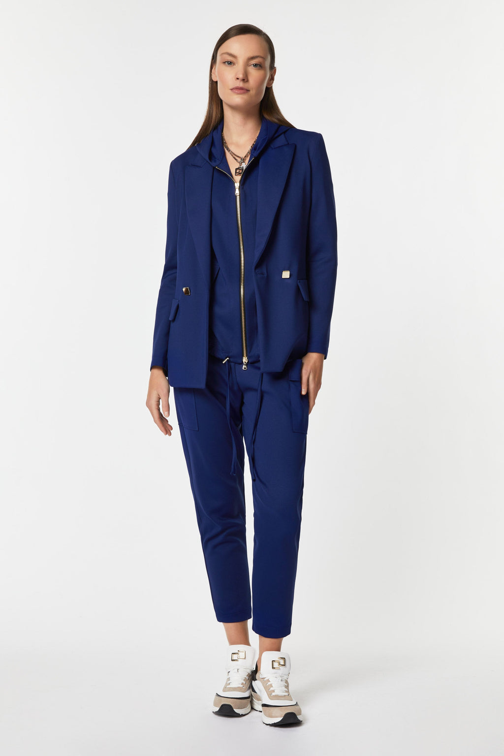DOUBLE-BREASTED BLAZER IN STRETCHY TECHNICAL JERSEY WITH GOLD BUTTONS