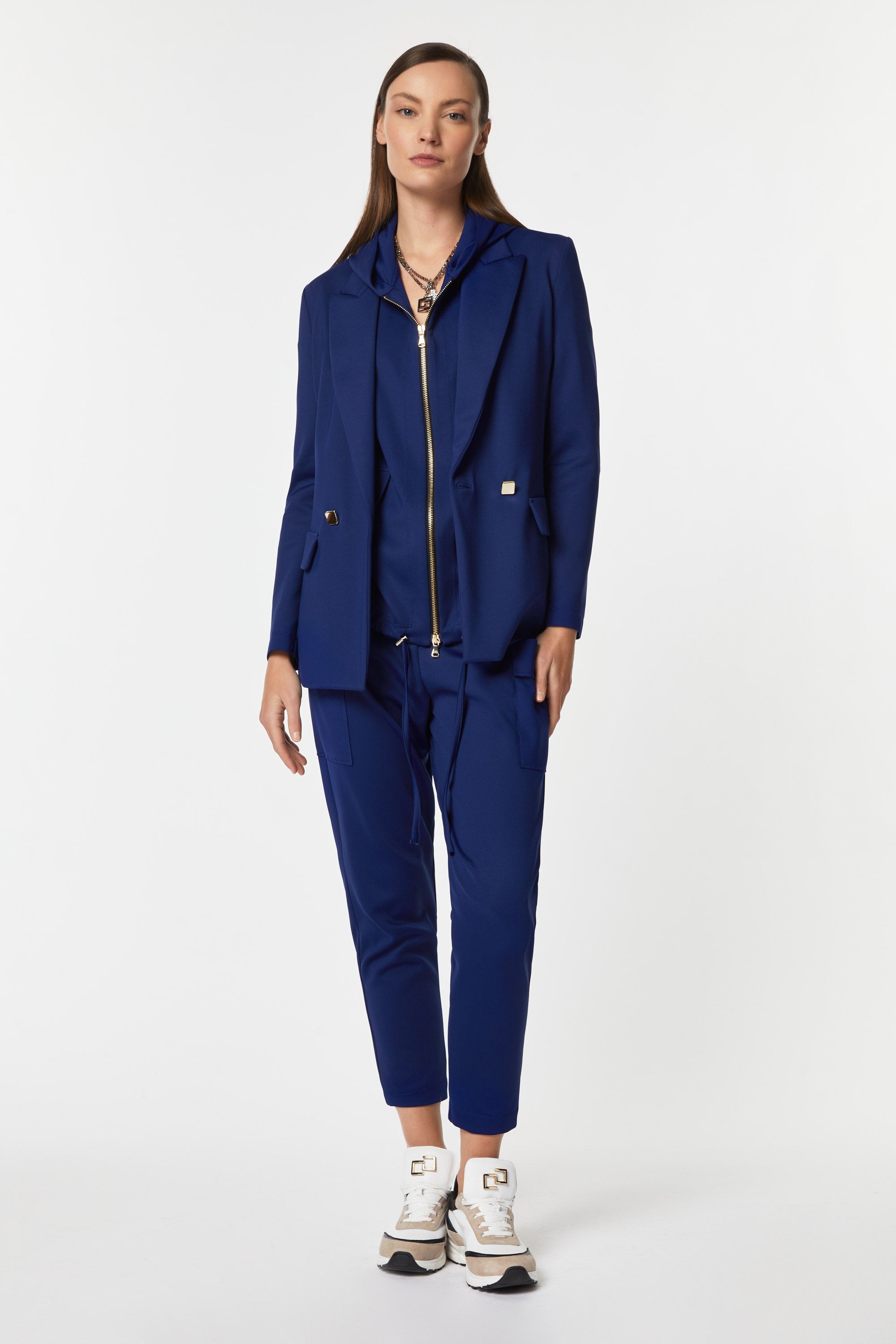 DOUBLE-BREASTED BLAZER IN STRETCHY TECHNICAL JERSEY WITH GOLD BUTTONS